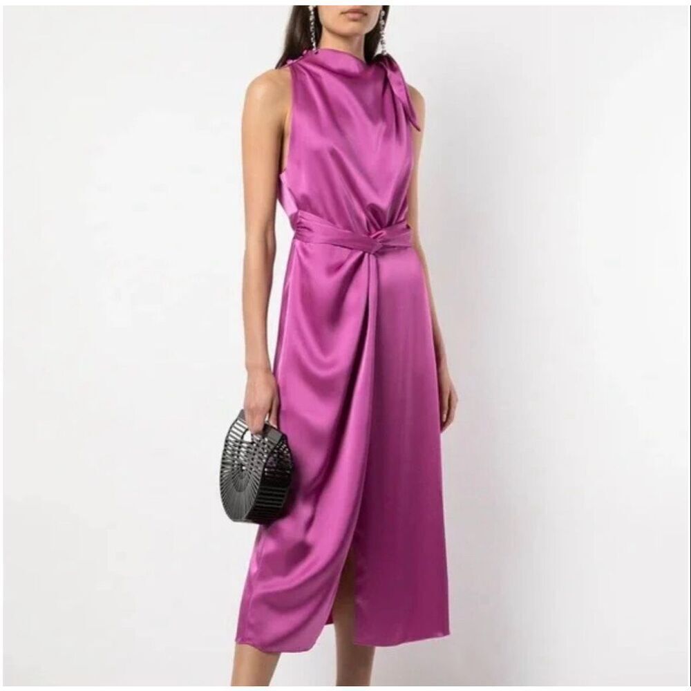 NWOT Nanushka Kalila Hot Pink High Neck Cinched Waist Satin Maxi Dress Women's S